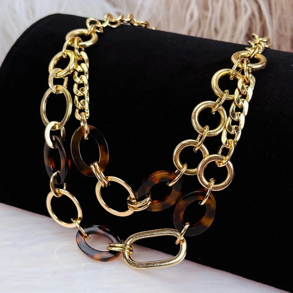 Beautiful goldtone brown double chain necklace